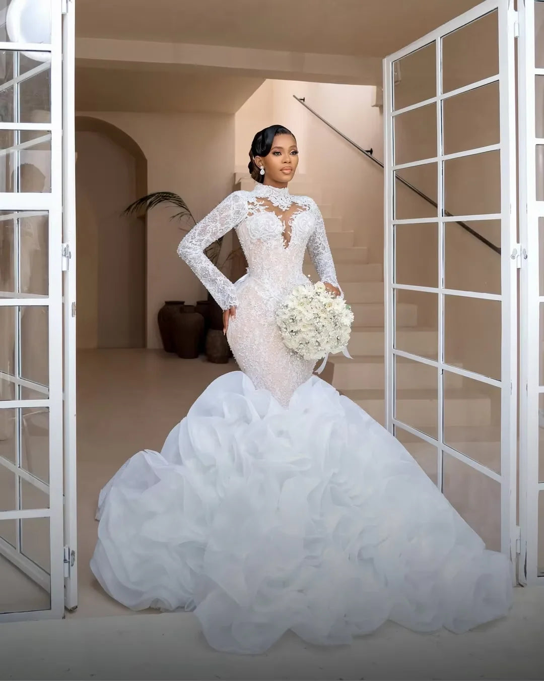 Ruffled South African Wedding Dresses Black Girls Long Sleeves Pearls  Bridal Gown Vestido De Noiva Customized