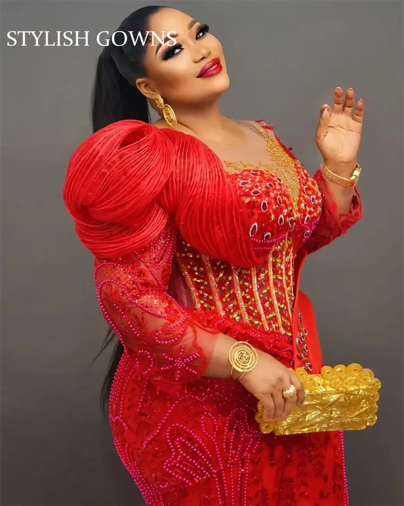 Red Long Sleeves Mermaid Evening Dresses Black Girls Crystals Beaded Aso Ebi African Wedding Reception Party Gowns Customized