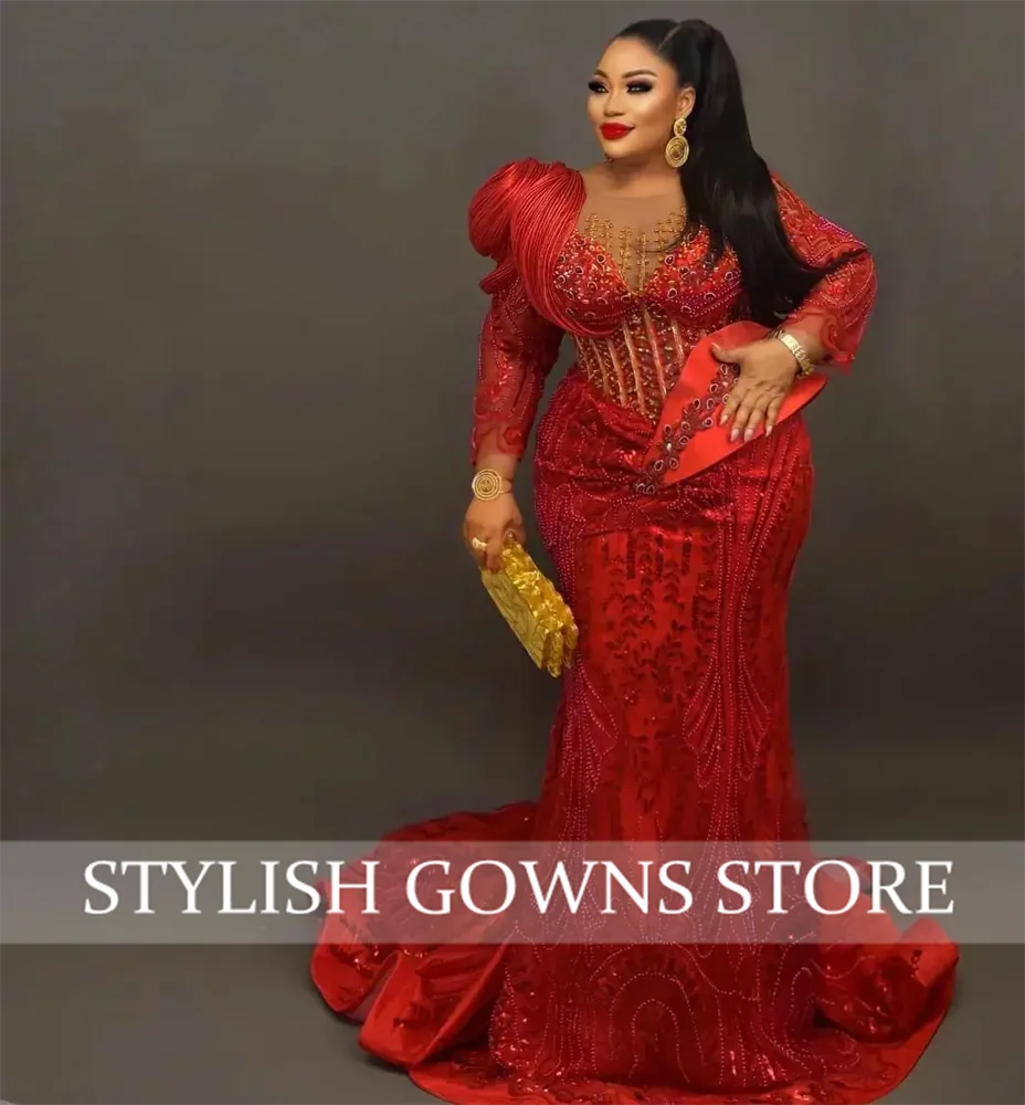 Red Long Sleeves Mermaid Evening Dresses Black Girls Crystals Beaded Aso Ebi African Wedding Reception Party Gowns Customized