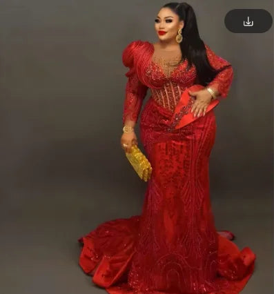 Red Long Sleeves Mermaid Evening Dresses Black Girls Crystals Beaded Aso Ebi African Wedding Reception Party Gowns Customized