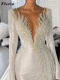 Customized Ivory Pearls Evening Dresses Detachable Skirt Vestidos De Noiva Long Sleeves Wedding Gowns Beaded Prom Party Dress