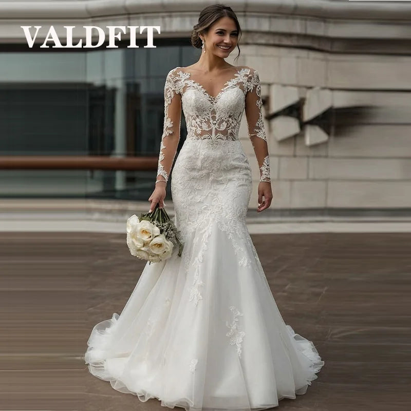 Long Sleeve Ivory Mermaid Wedding Dresses Bride Lace Appliques