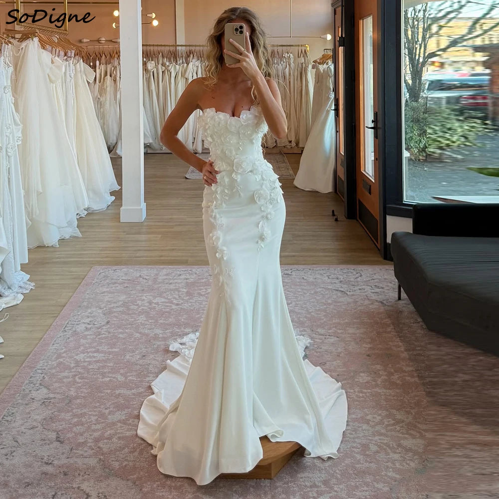 Mermaid 3D Flower Wedding Dresses Sleeveless Satin Long Bride Dress Elegant Wedding Gown vestidos de novia Customized