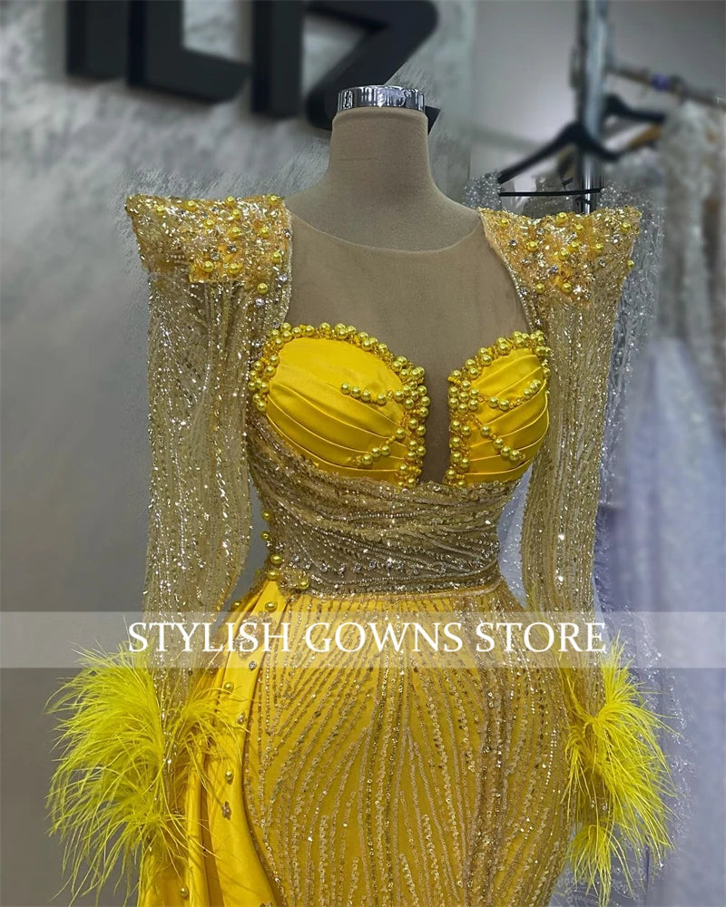 Gold Feather Evening Dresses Bead Crystal Appliques Birthday Dress Luxury 2024 Pearls Full Sleeve Prom Gown Sequin Customized