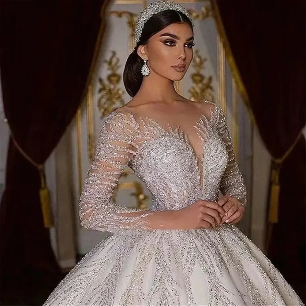Customized Luxury Princess Wedding Dress Crystals Beaded Bridal Dress Illusion Tulle Long Sleeves Sparkly Vestidos De Novia