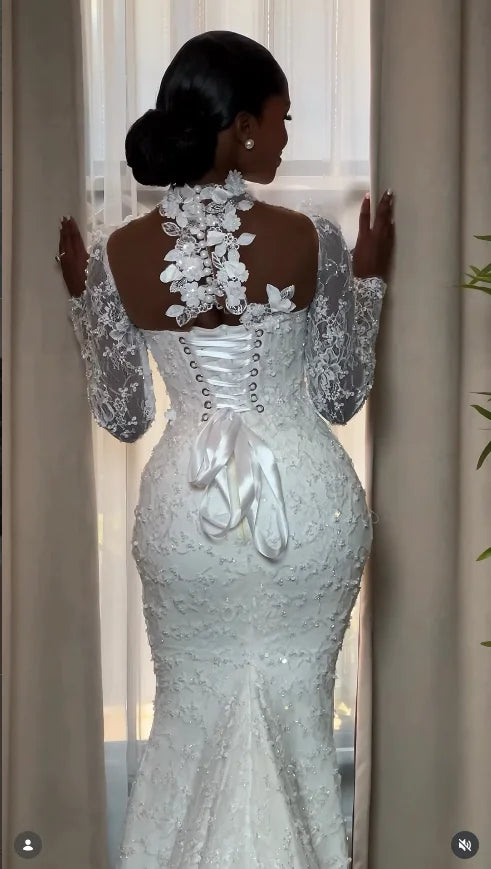 Luxury Mermaid Wedding Dresses Long Sleeves 3D Floral Lace Beaded Sequins High Neck Bridal Dresses Vestidos De Novia Customized