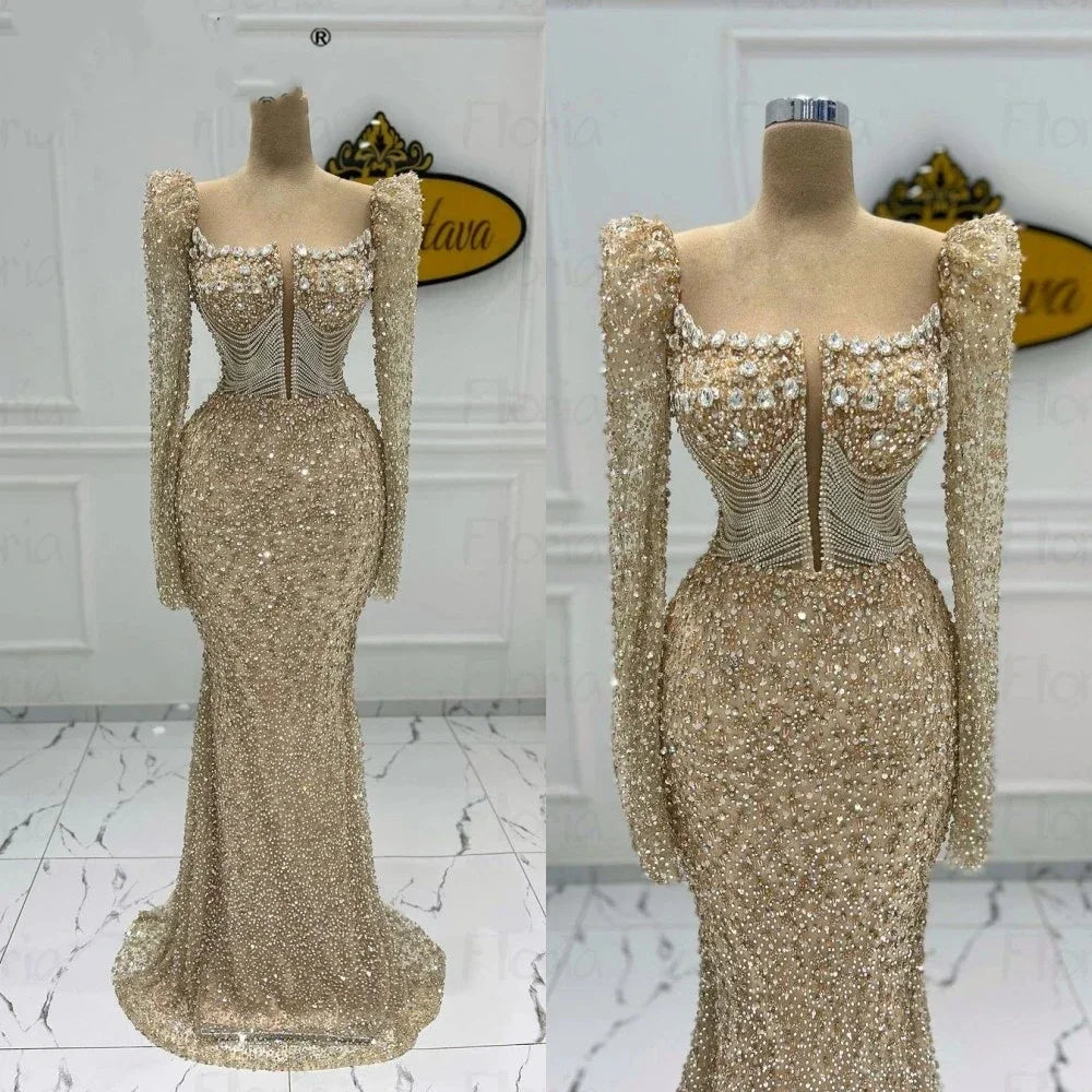 Customized Arabic Mermaid Champagne Evening Dress For Wedding  Luxury Beaded Formal Prom Party Gowns Bride Crystals Robe Fem