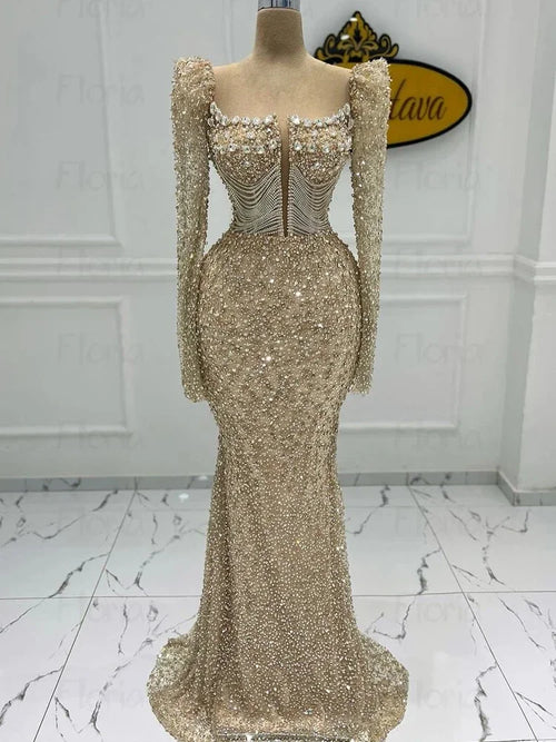 Customized Arabic Mermaid Champagne Evening Dress For Wedding  Luxury Beaded Formal Prom Party Gowns Bride Crystals Robe Fem