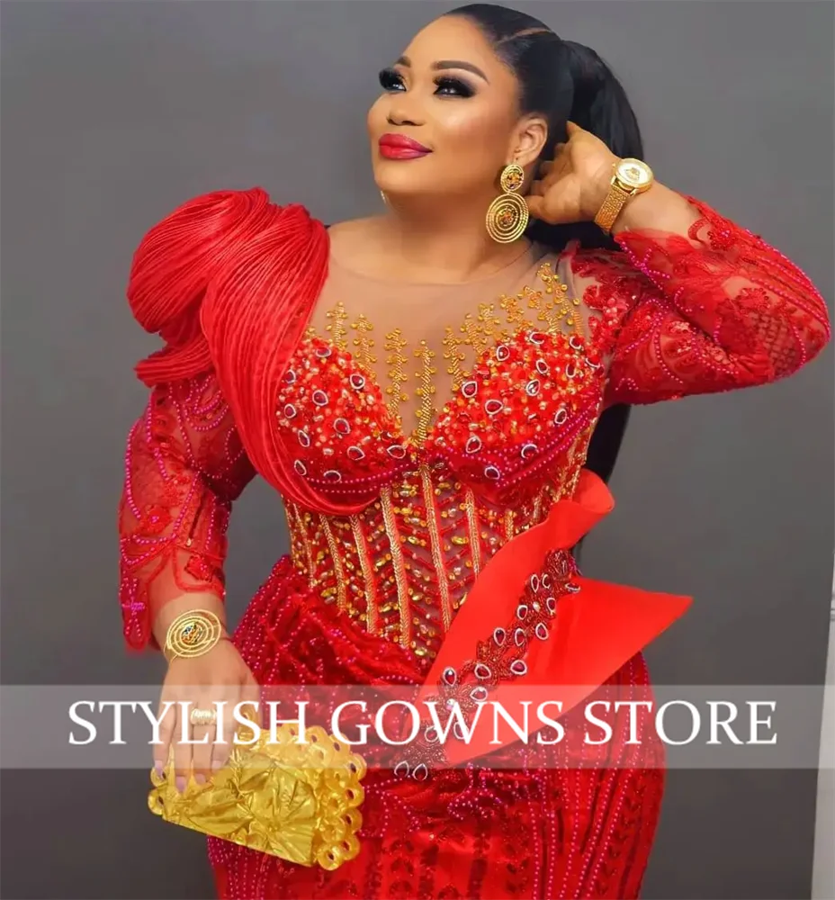 Red Long Sleeves Mermaid Evening Dresses Black Girls Crystals Beaded Aso Ebi African Wedding Reception Party Gowns Customized