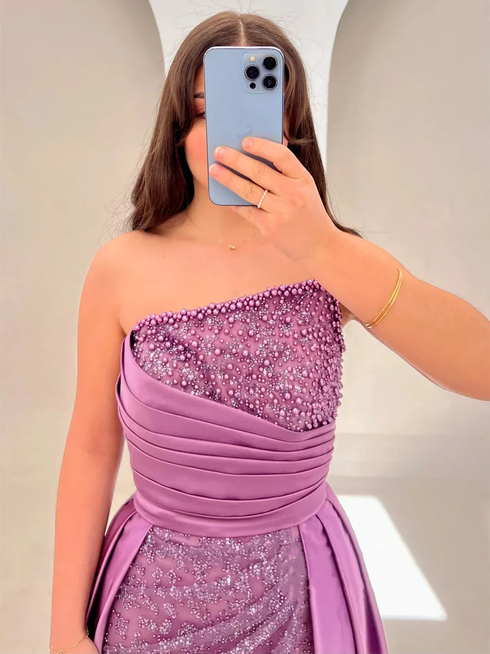 Elegant Sleeveless Sparkling Mermaid Evening Dress Pearl Sweeping Train Dress Wedding Guests Ball Dress Customization