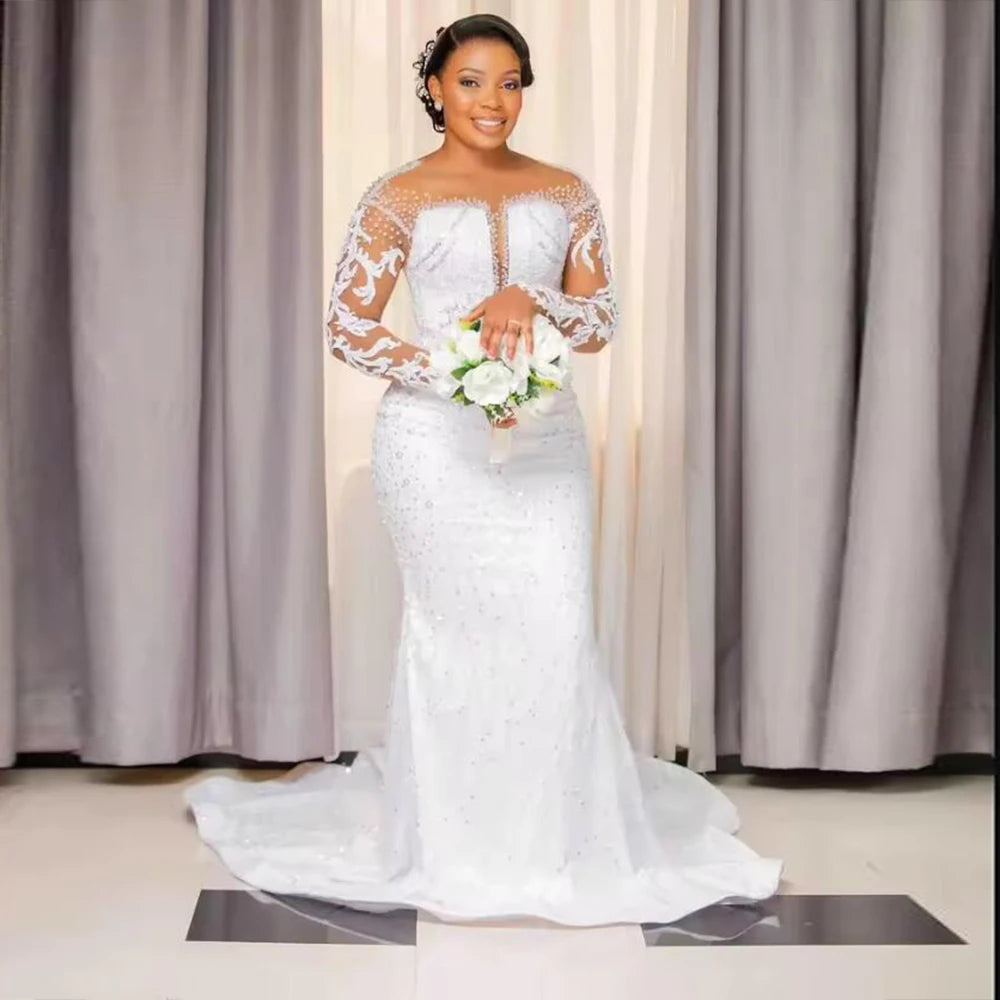 Luxury Lace Appliques Mermaid Wedding Dress For Bride Illusion Long Sleeves O Neck Beaded Bridal Gowns Sweep Train Women Attire