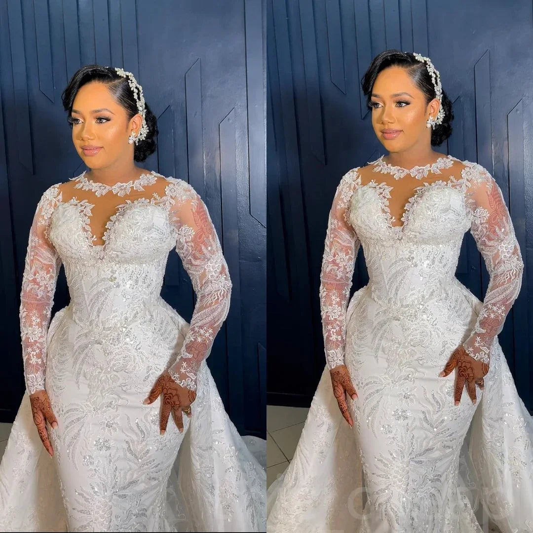 OL Customized Sequined Mermaid Wedding Dress Exquisite Sheer Neck Lace Long Sleeves Bridal Gowns Court Train vestido de novia