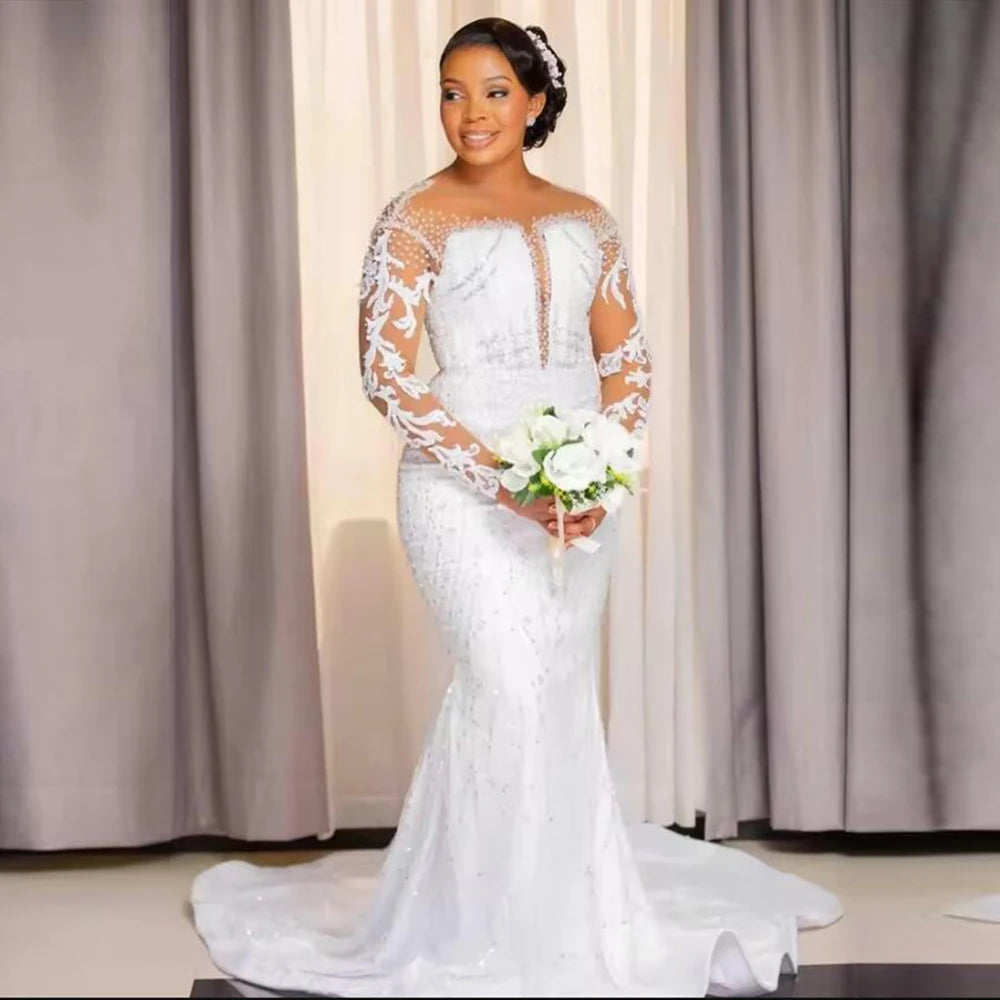 Luxury Lace Appliques Mermaid Wedding Dress For Bride Illusion Long Sleeves O Neck Beaded Bridal Gowns Sweep Train Women Attire