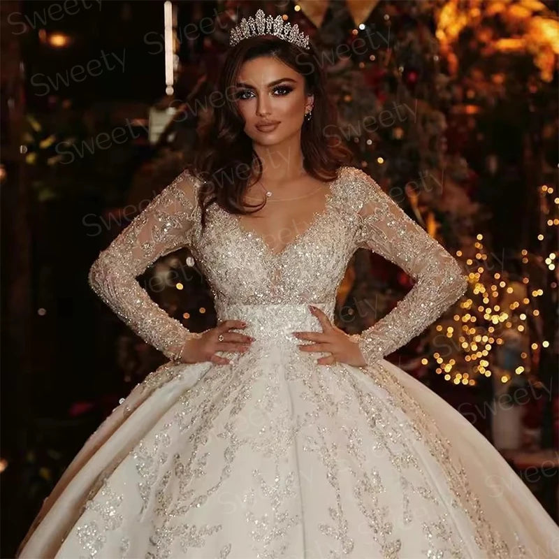 Shiny Chic Wedding Dress Fully Beaded With Princess Ball Gown O-Neck Full Sleeve Bride Dress Customized Button Vestido De Novia