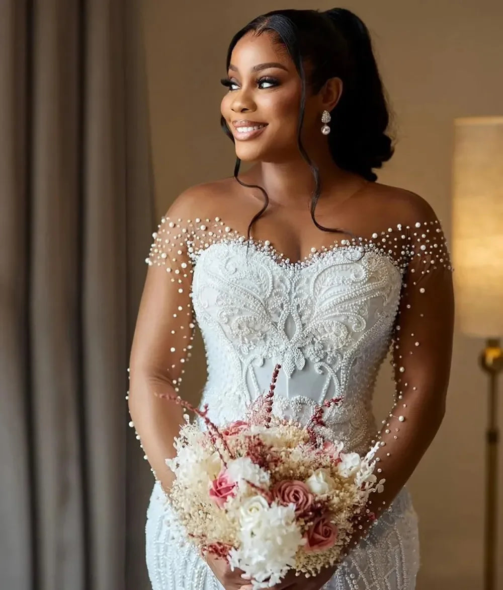 Women's Mermaid Wedding Dress Bridal Dress Naked Neck Phantom Long Sleeve Beaded Lace Wedding Dress Back Button