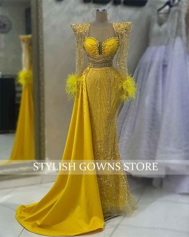 Gold Feather Evening Dresses Bead Crystal Appliques Birthday Dress Luxury 2024 Pearls Full Sleeve Prom Gown Sequin Customized