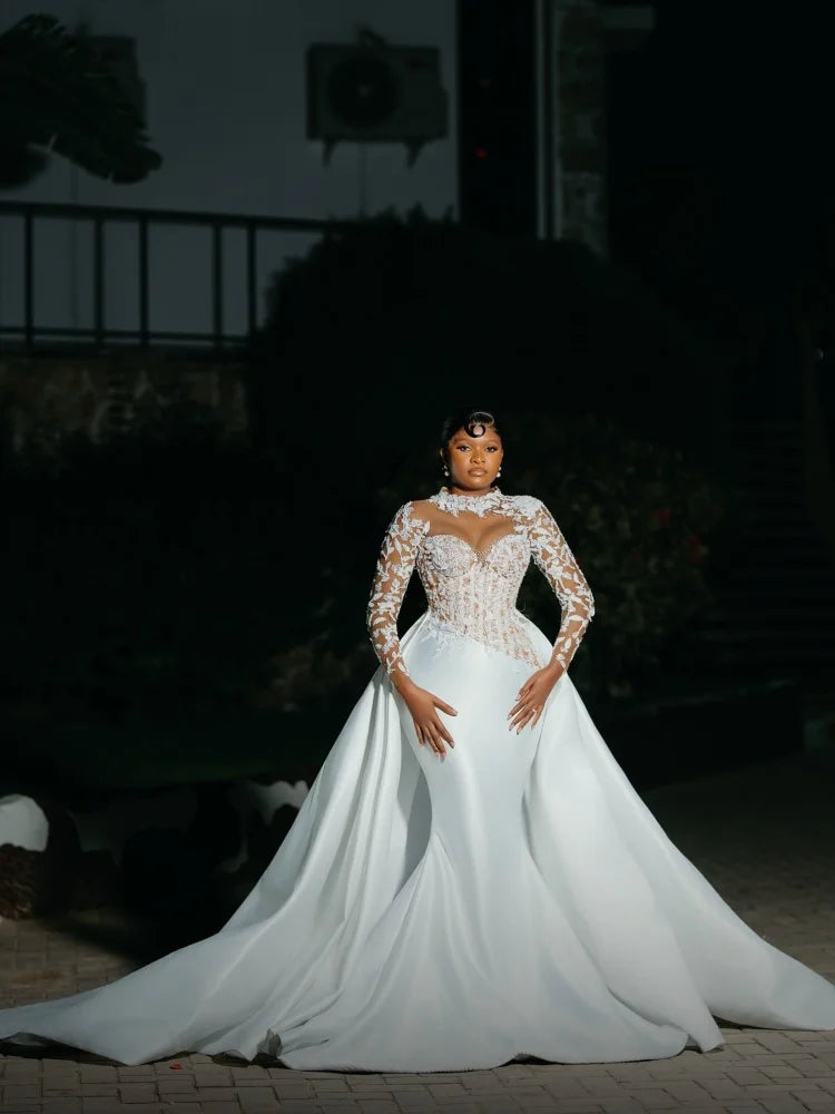 Luxury Mermaid Wedding Dress For Black Women Customized Long Sleeve Lace Beaded Corset Bridal Gown Detachable Satin Wedding Robe