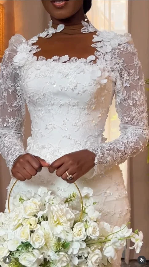 Luxury Mermaid Wedding Dresses Long Sleeves 3D Floral Lace Beaded Sequins High Neck Bridal Dresses Vestidos De Novia Customized