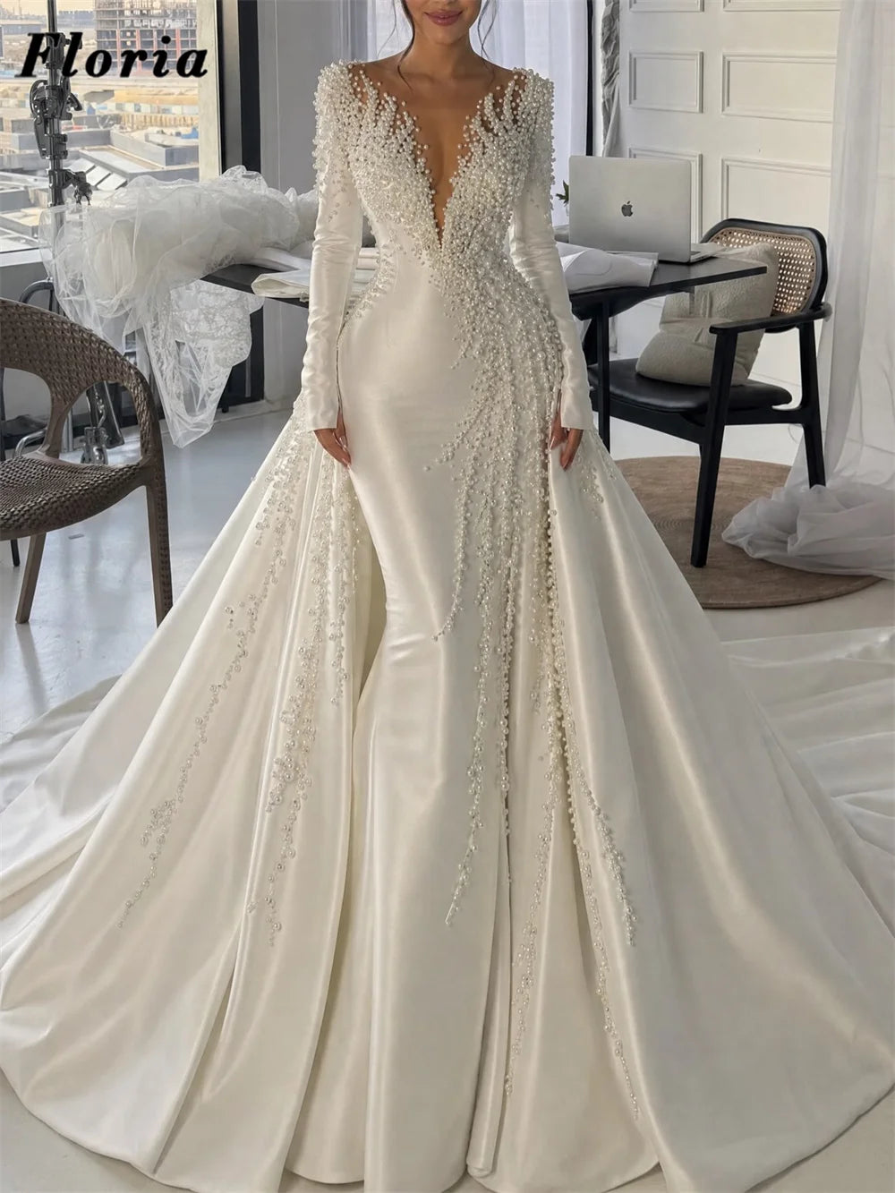 Customized Ivory Pearls Evening Dresses Detachable Skirt Vestidos De Noiva Long Sleeves Wedding Gowns Beaded Prom Party Dress