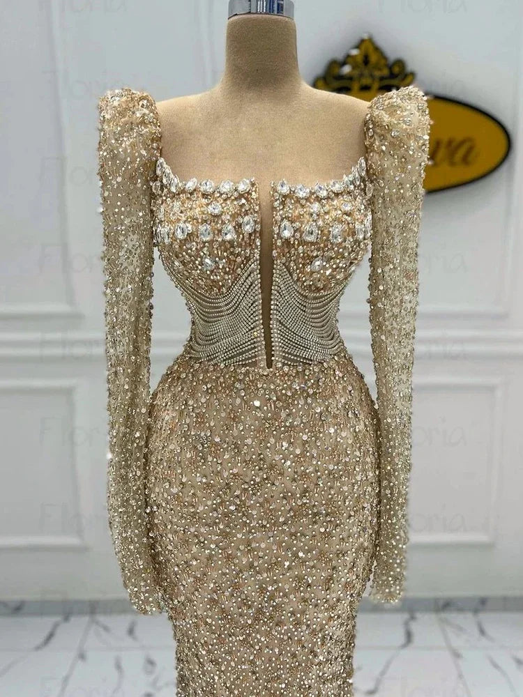 Customized Arabic Mermaid Champagne Evening Dress For Wedding  Luxury Beaded Formal Prom Party Gowns Bride Crystals Robe Fem